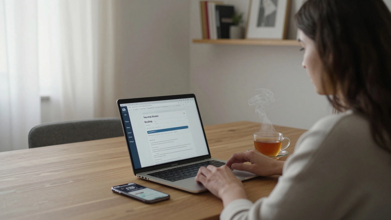 A woman in a quiet apartment reviewing a verified booking on her laptop, tea beside her.