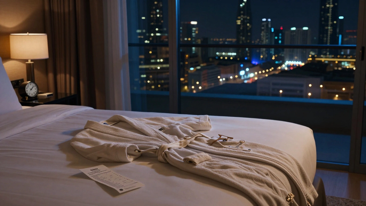 An empty luxury hotel room at night with a clock showing 11:59 and a service receipt on the bed.