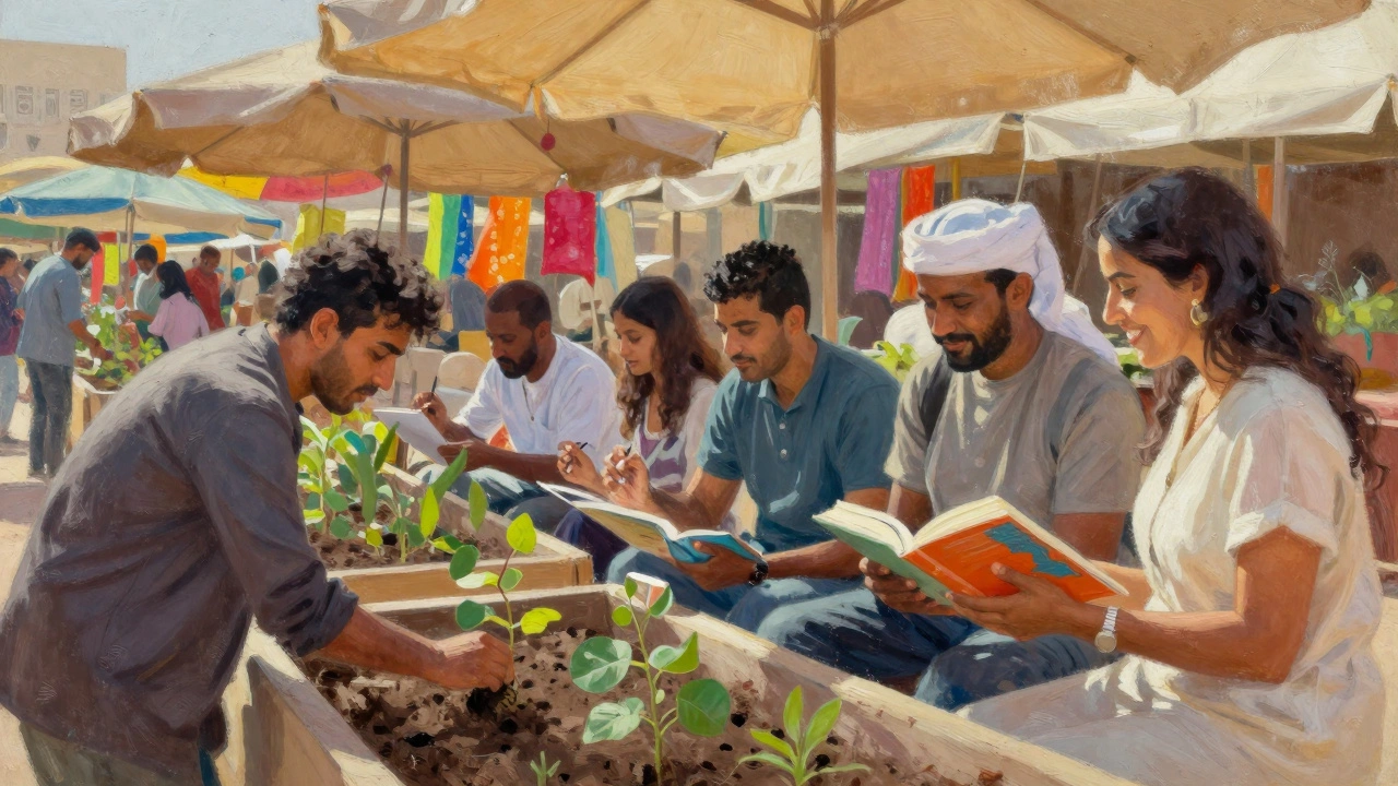 Expats connecting at a vibrant Dubai market—planting, painting, and sharing books in sunlight.